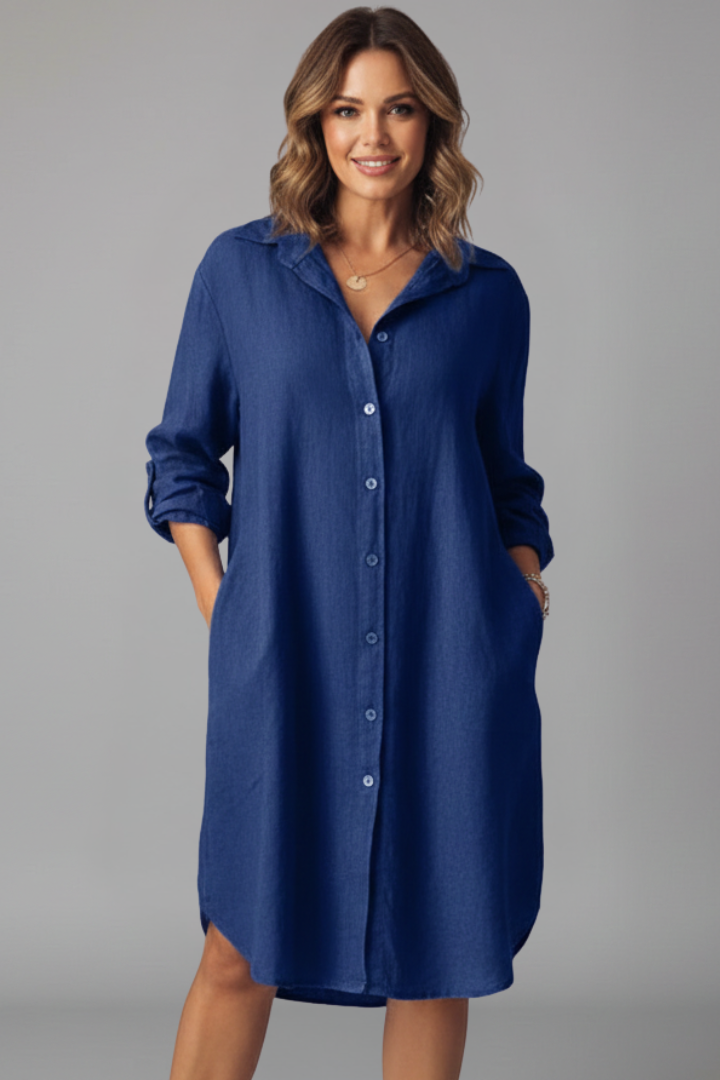 Modern women's collared shirt dress, a comfortable button-front long-sleeve style perfect for casual elegance.