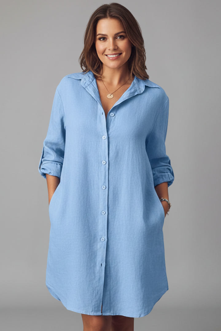 Casual long-sleeve shirt dress for women, featuring a button-front design and elegant turned collar.