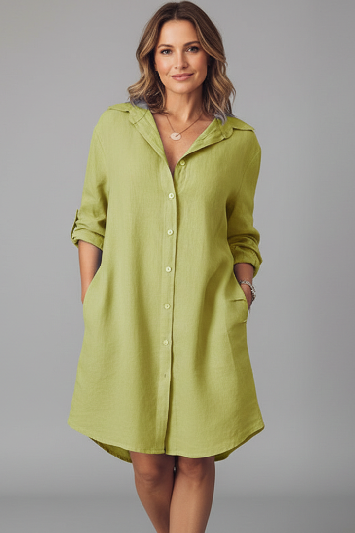 Fashionable women's button-front dress, a versatile shirt dress design with a turned collar for effortless styling.