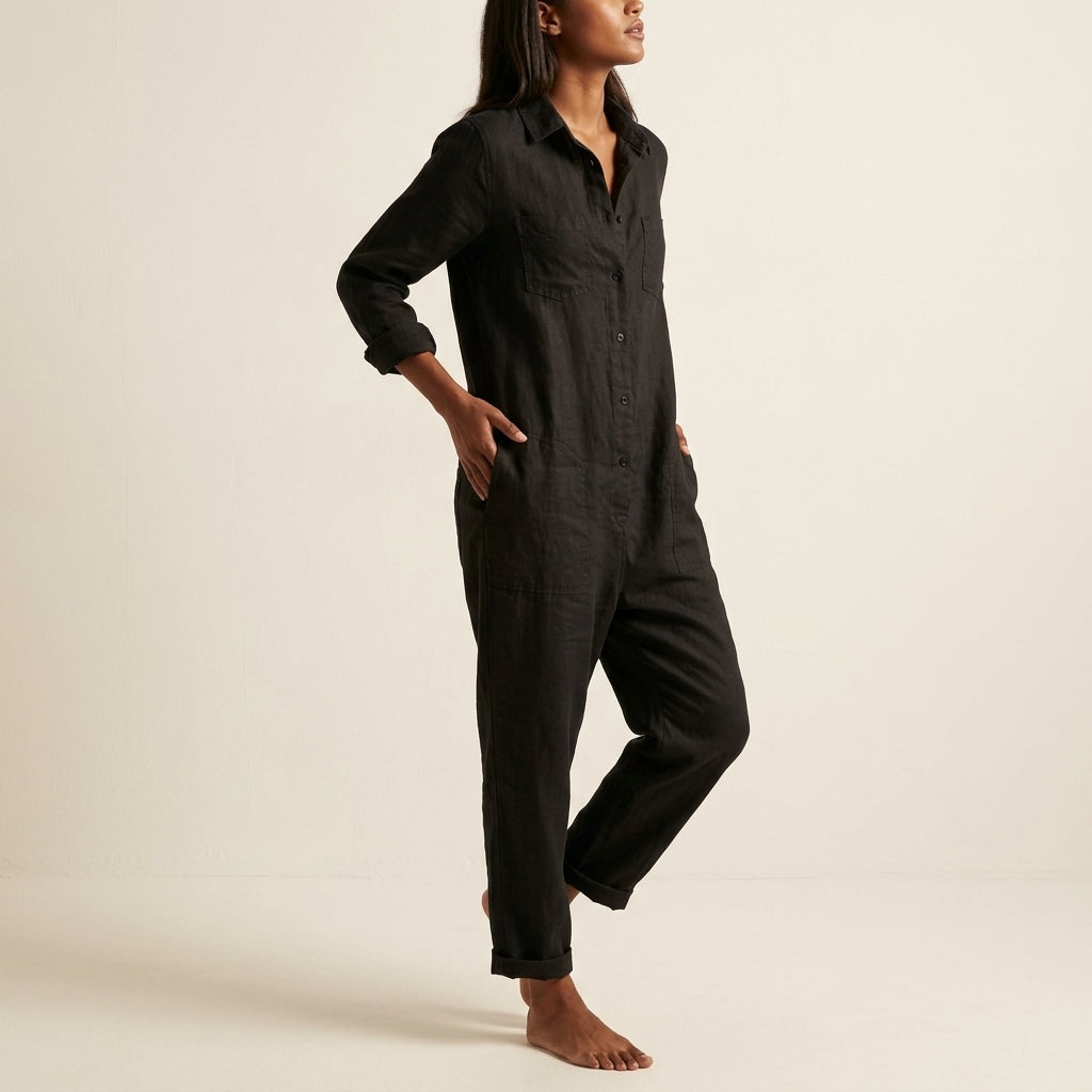Versatile women's one-piece jumpsuit with button front, perfect for chic spring outfits.