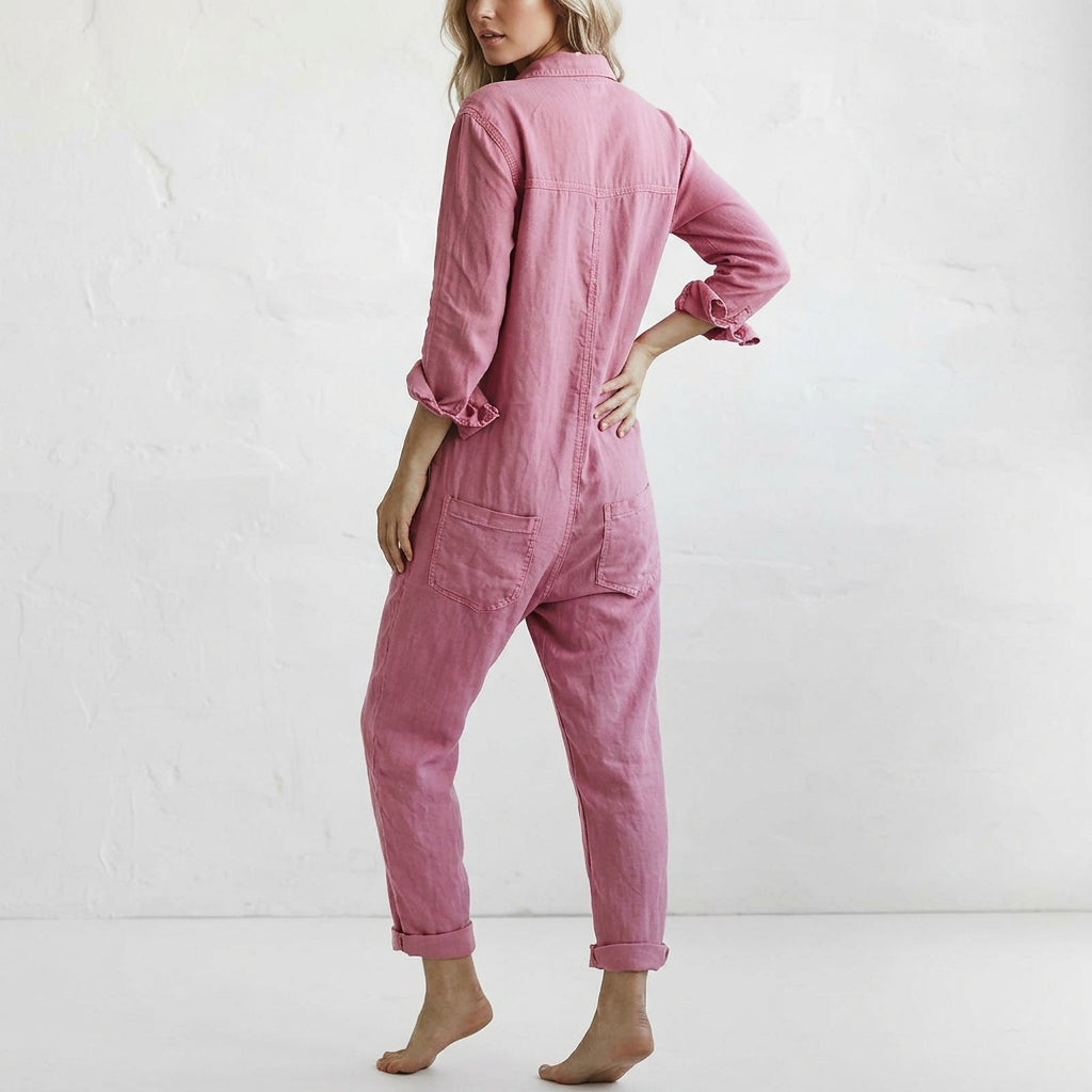 Fashionable women's jumpsuit, relaxed fit, button front, perfect for comfortable summer wear.