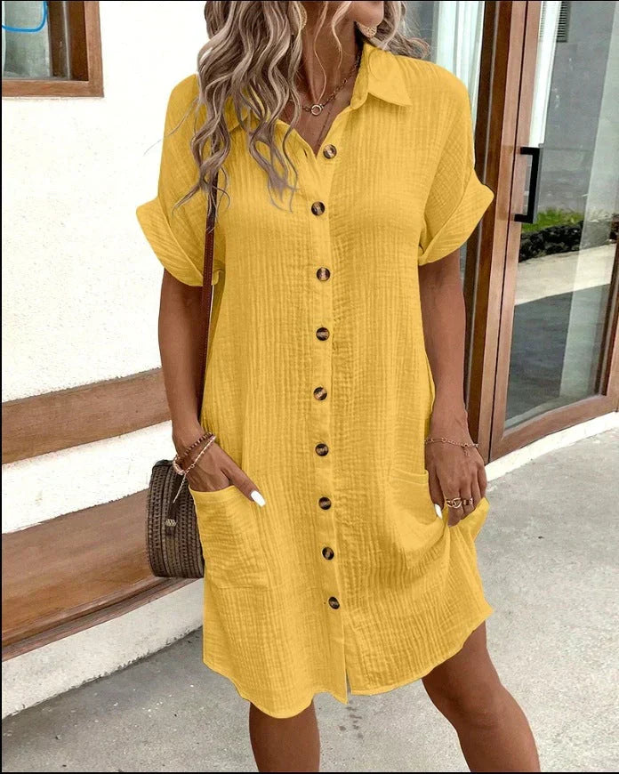 Woman wearing a chic polo midi dress. Comfortable casual style for effortless everyday summer wear.