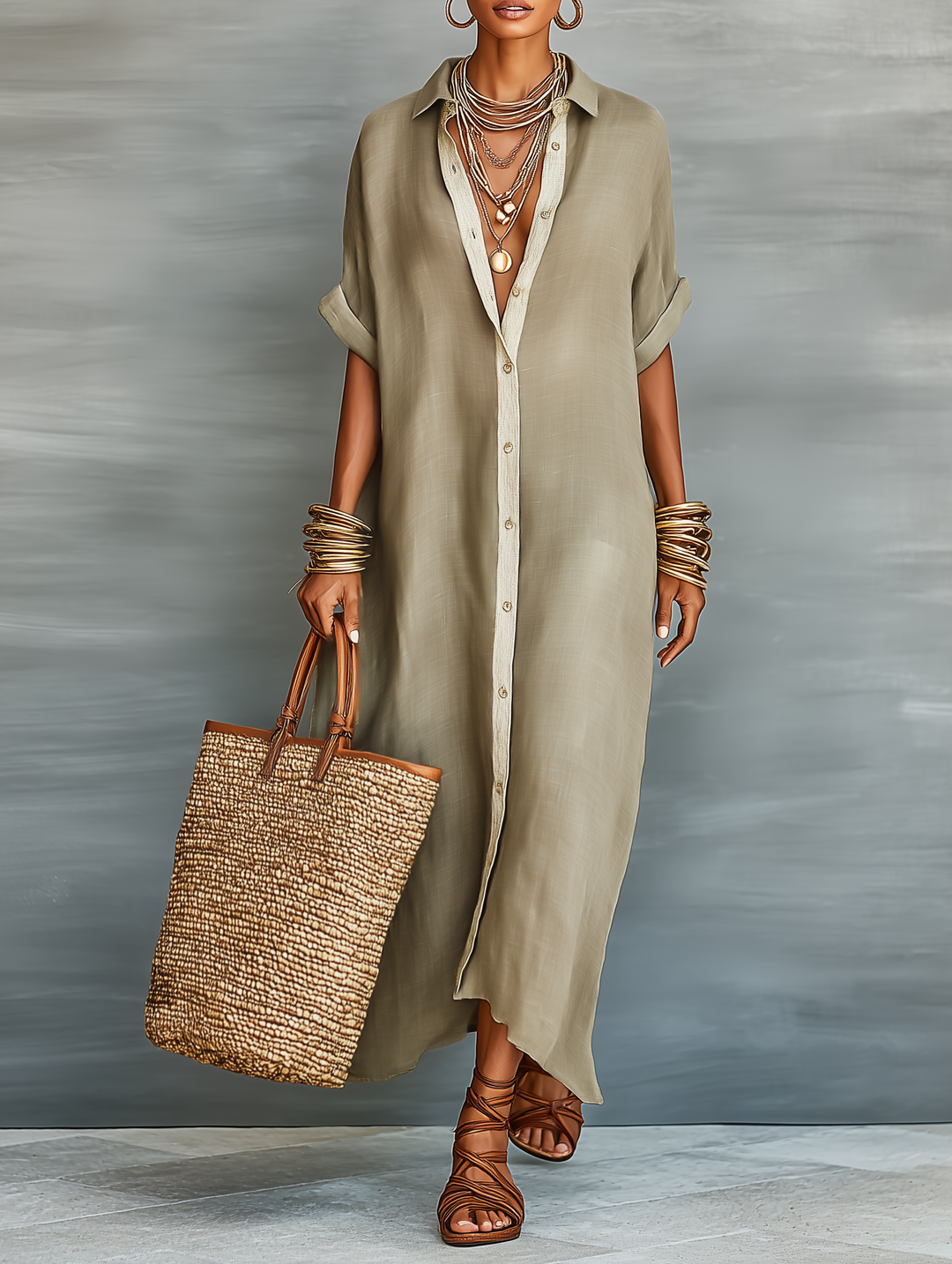 Women's effortless collared button front maxi shirt dress with elbow sleeves, perfect for casual summer style.
