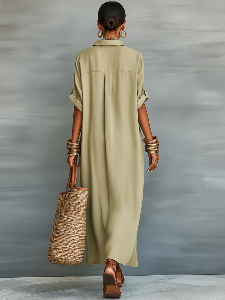 Relaxed fit oversized women's maxi shirt dress, collared, button front, versatile for everyday wear.