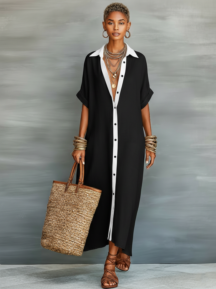 Comfortable women's casual collared maxi shirt dress with full button front & elbow sleeves.