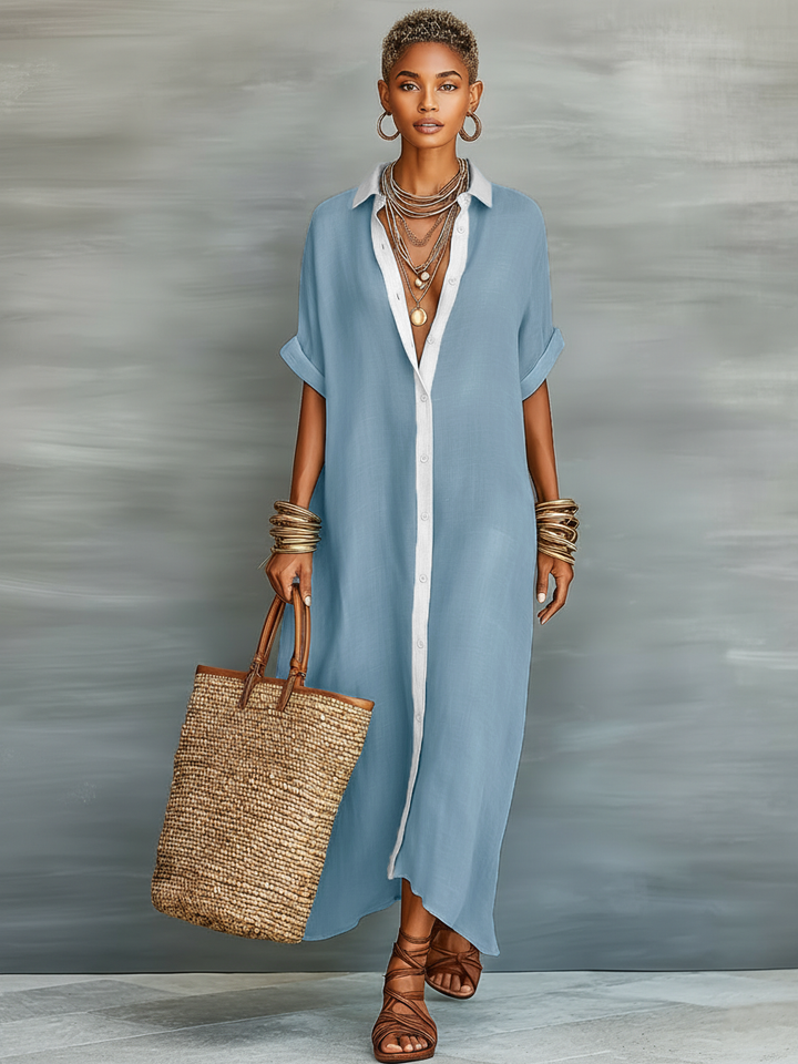 Versatile women's button front maxi shirt dress, collared & oversized, ideal for summer casual fashion.