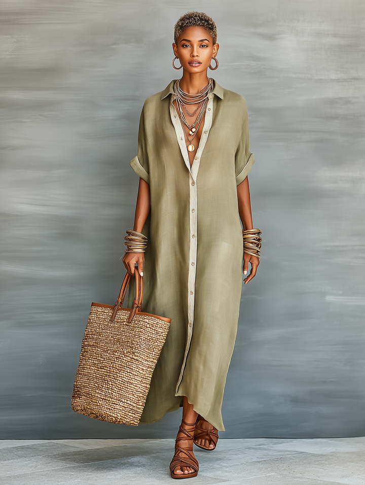 Effortless women's collared button front maxi shirt dress with relaxed fit and elbow sleeves.