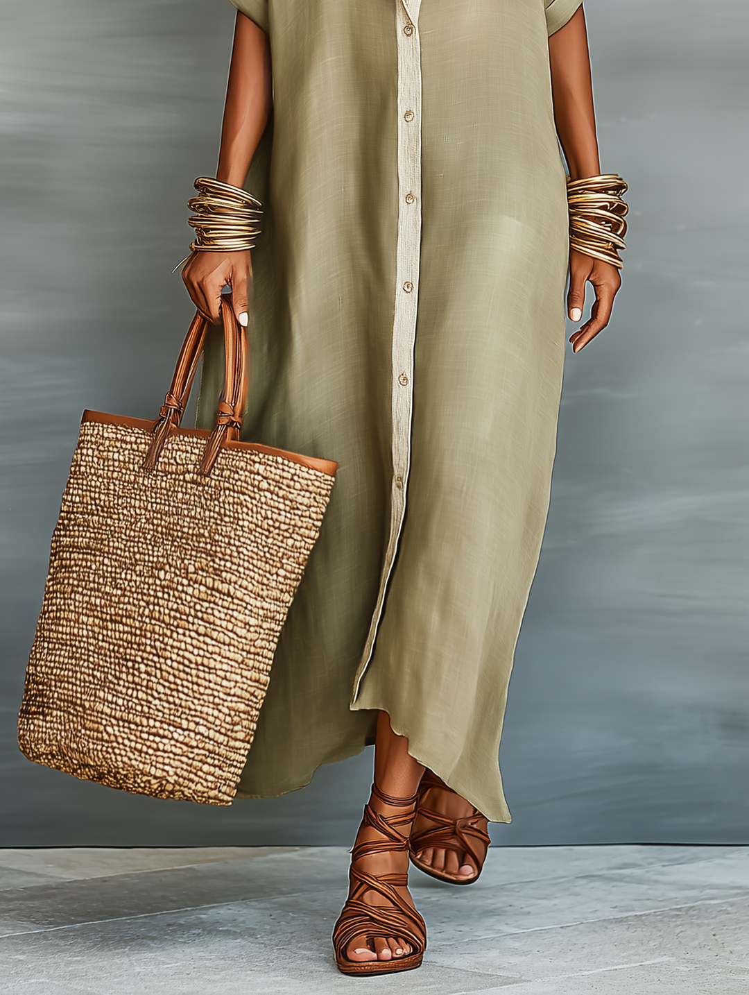 Long women's collared maxi shirt dress with button front, elbow sleeves, and a relaxed, effortless fit.