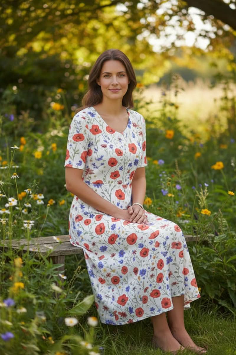 Women's effortless knee-length floral dress with pockets, perfect for casual summer everyday style.