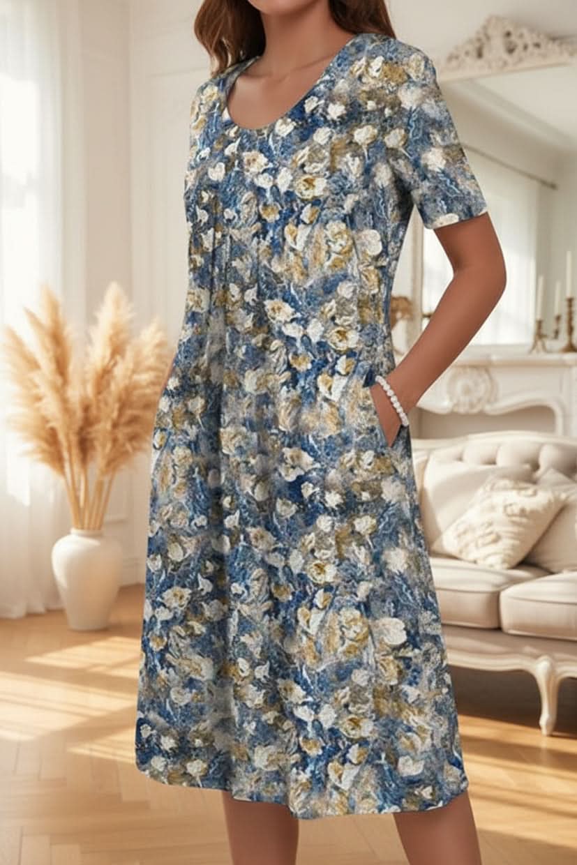 Vibrant floral print women's knee-length dress, perfect for elegant or casual everyday summer style with pockets.