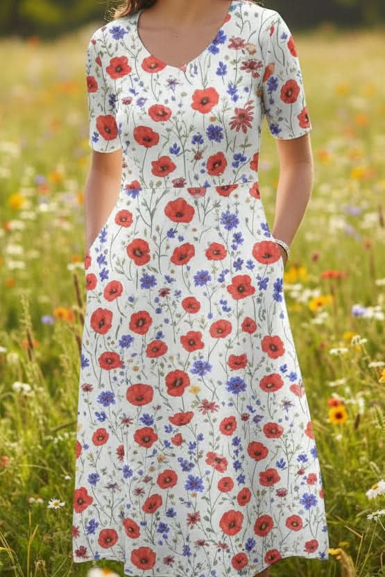 Lightweight women's floral knee-length dress, perfect for effortless casual summer everyday style with pockets.