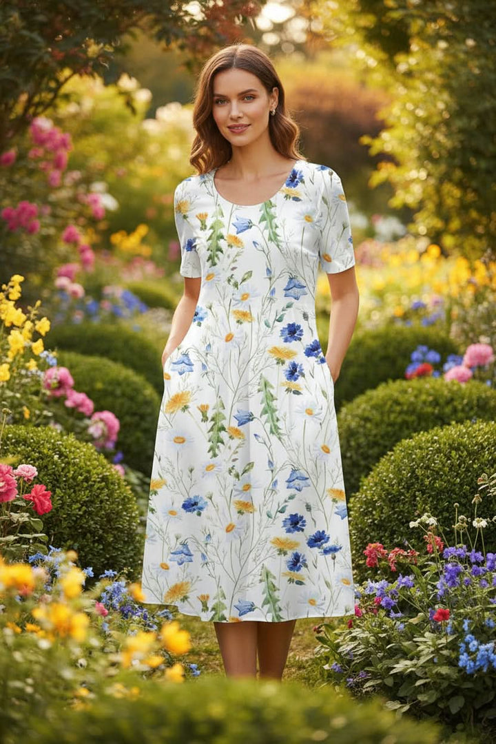 Summer-ready women's knee-length floral dress. Effortless, casual, and elegant everyday style with pockets.