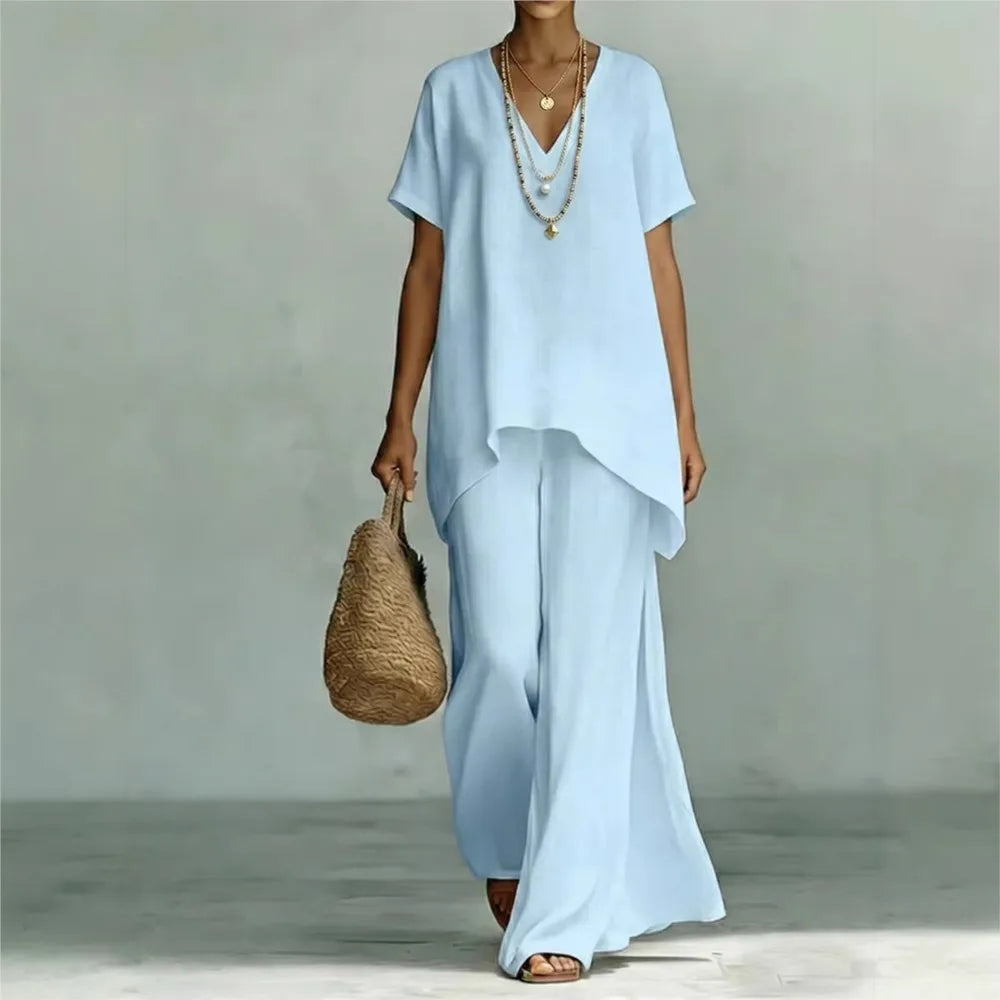 Women's effortless linen blend two-piece set, perfect for summer casual wear.