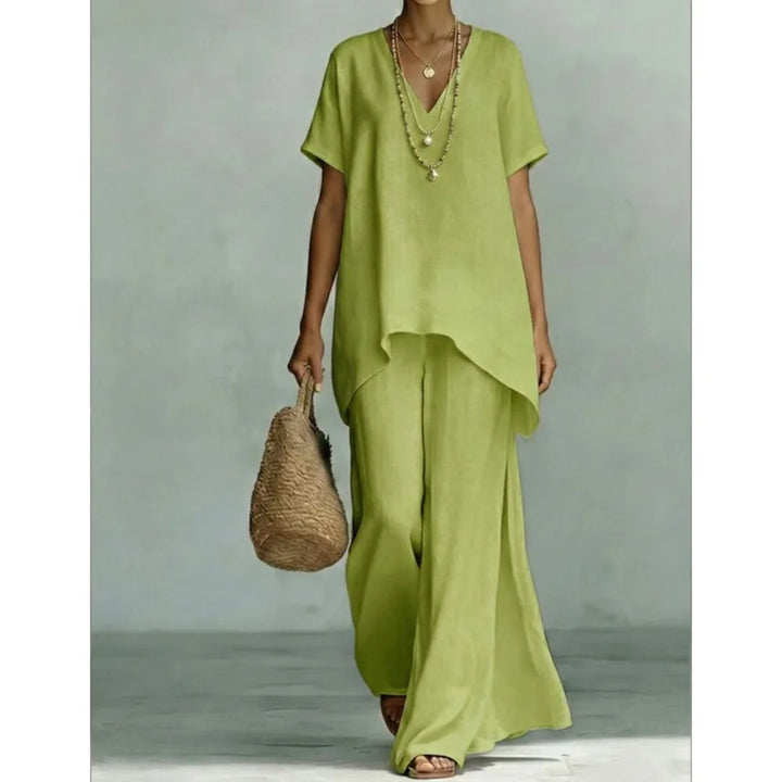 Woman in a relaxed fit linen blend two-piece set, ready for a comfortable summer day.