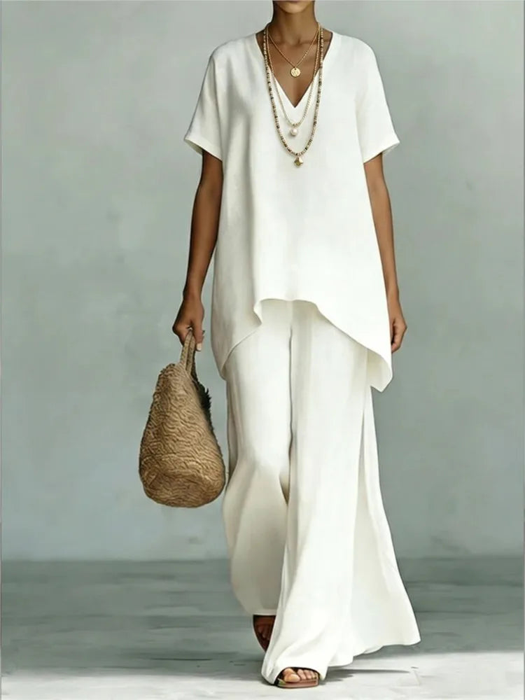 Effortless women's linen blend two-piece set, a versatile and stylish summer outfit.