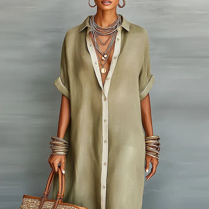 Casual women's sundress, a long shirt dress with a relaxed fit for comfortable summer style.