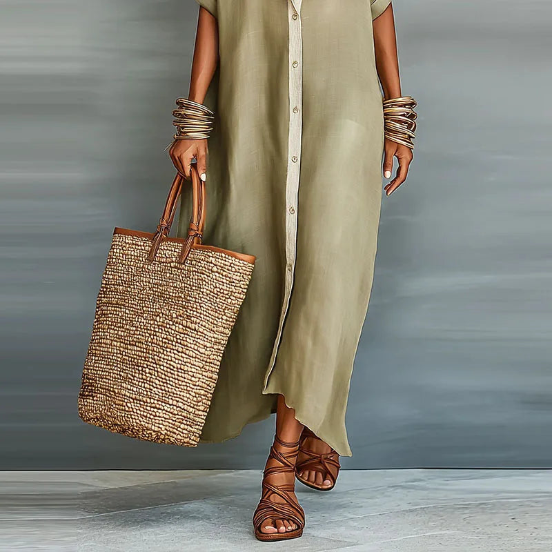 Effortless women's long button-down shirt dress, a stylish maxi sundress for casual summer days.