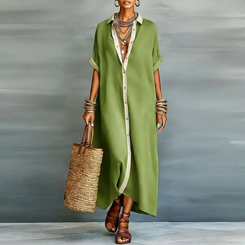 Relaxed fit women's long shirt sundress, a casual maxi dress ideal for elegant warm weather fashion.