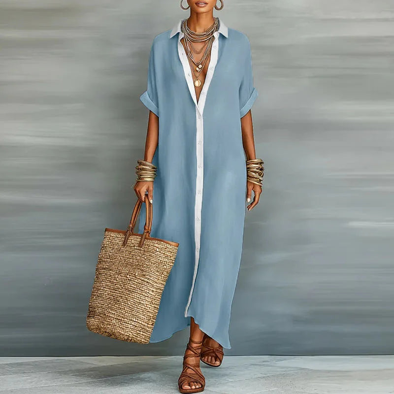 Stylish women's long sundress, a casual button-down shirt dress & maxi for summer elegance.