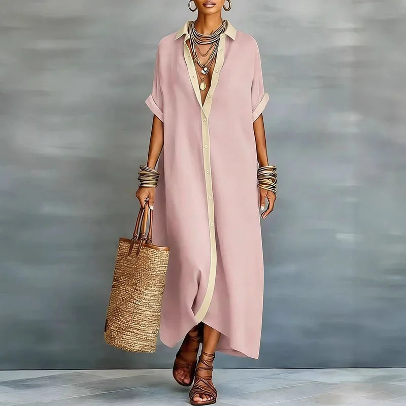 Women's short sleeve long shirt dress, a comfortable & elegant sundress for summer casual style.