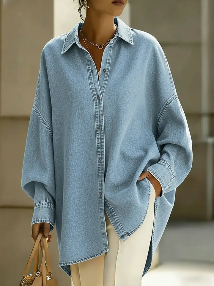 Stylish women's loose fit button-up top, a versatile long sleeve casual shirt for comfortable everyday fashion.