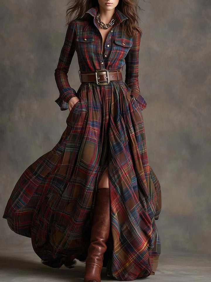 Women's effortless plaid maxi shirt dress with tie belt, long sleeves & flowing skirt for fall casual style.