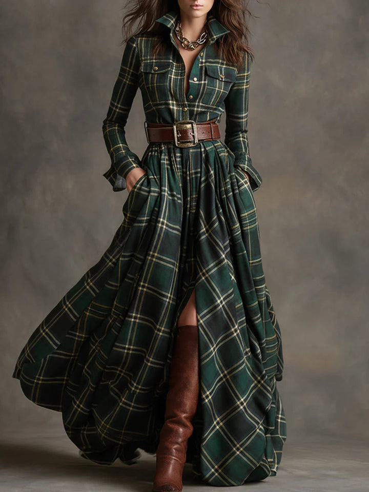 Flowy western-style plaid maxi shirt dress for women with a flattering belted waist and comfortable long sleeves.