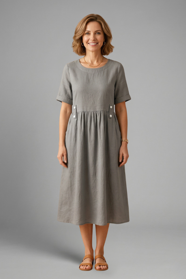Elegant short sleeve women's midi dress, featuring a round neck & loose fit for versatile summer wear.