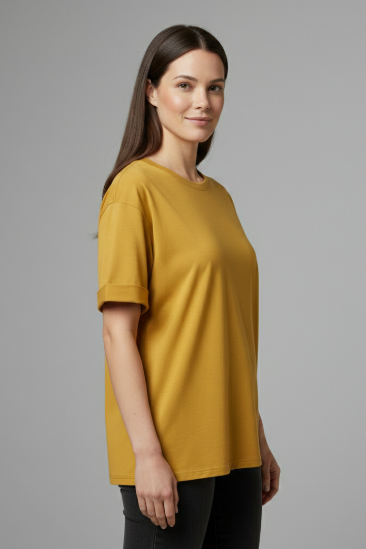 Comfortable women's round neck, rolled sleeve t-shirt; a relaxed fit short sleeve top for everyday fashion.