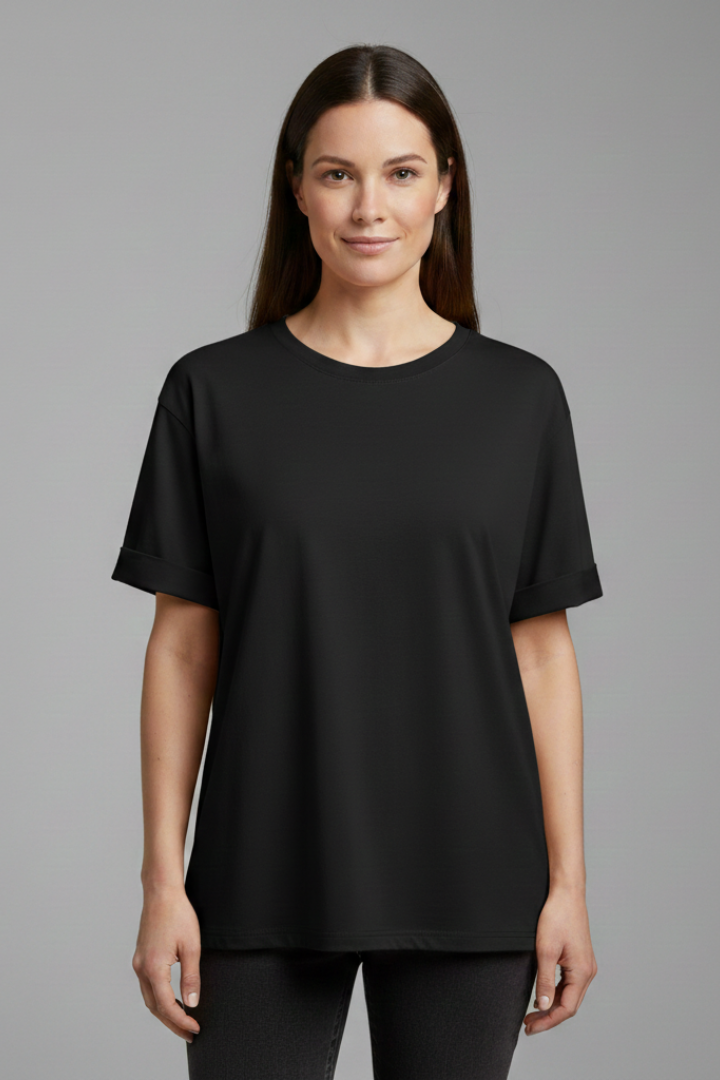 Women's round neck t-shirt with rolled short sleeves. Comfortable, relaxed fit casual pull-on top for daily wear.