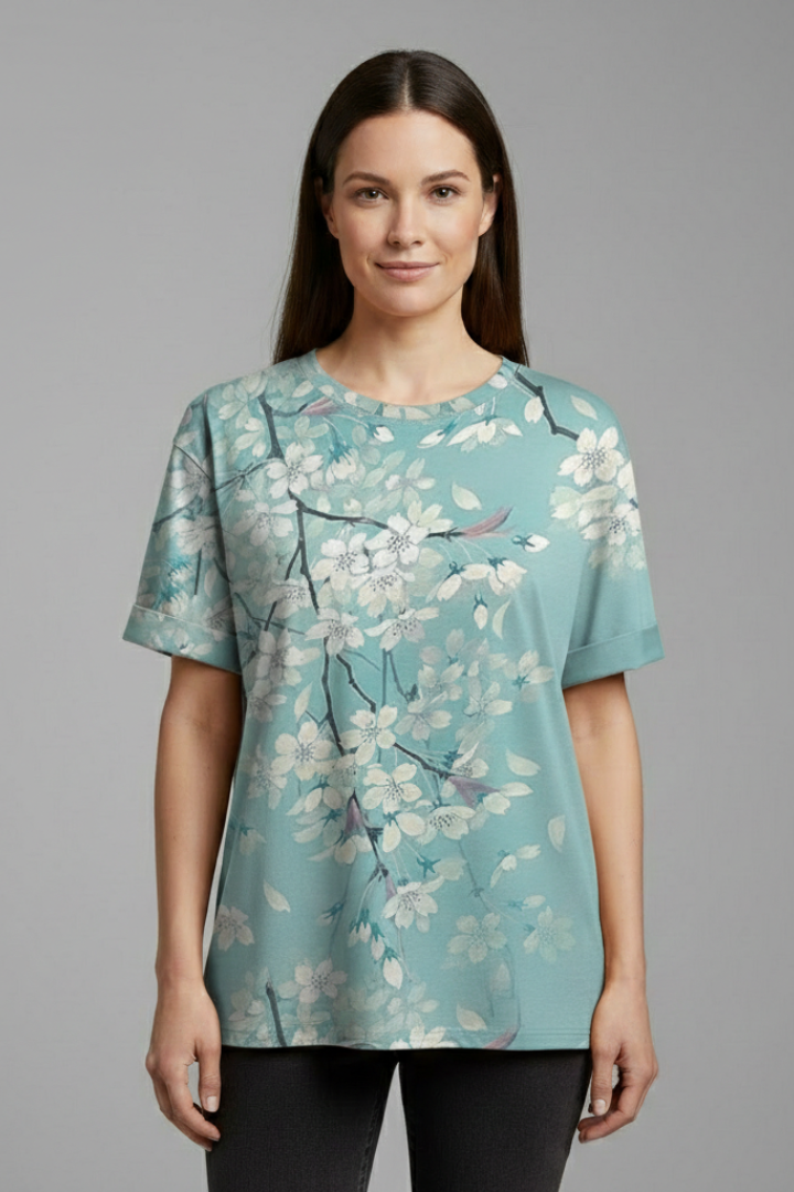 Women's round neck t-shirt featuring chic rolled short sleeves; a versatile casual pull-on top for everyday style.