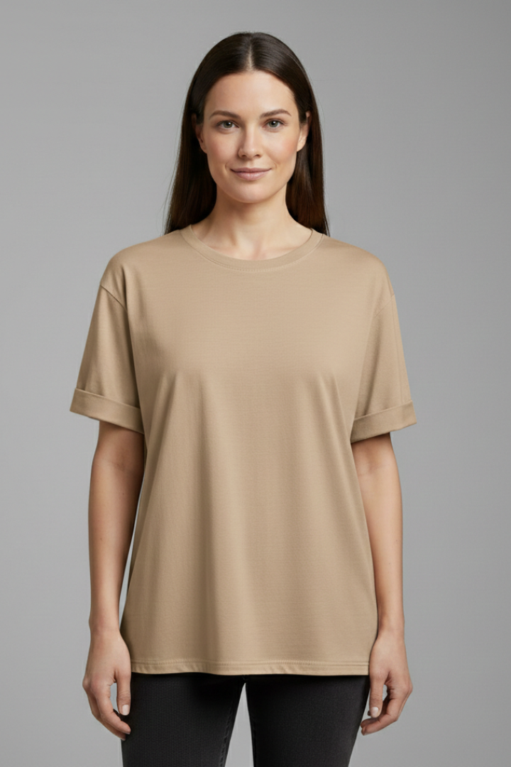 Perfect casual top: women's round neck t-shirt with rolled short sleeves, offering comfortable, versatile style.