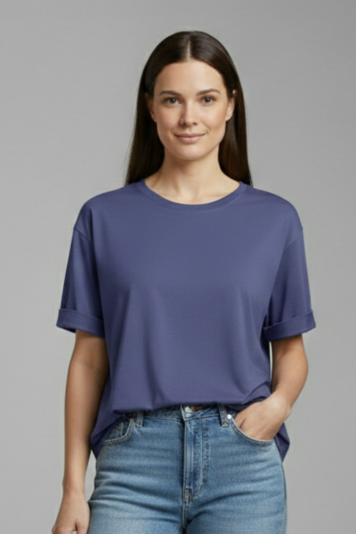 Effortless women's summer shirt: round neck, rolled short sleeves, relaxed fit, pull-on comfort, fashion tee.