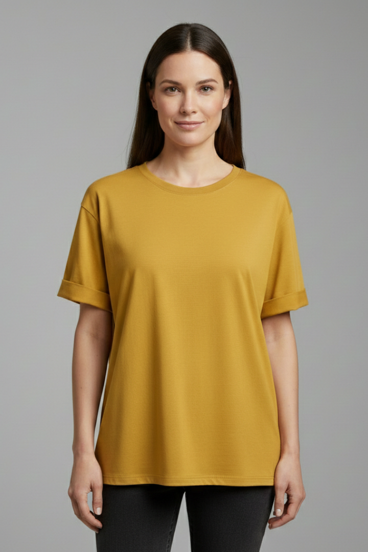 Everyday women's round neck tee with rolled short sleeves, a comfortable and versatile casual top for a relaxed fit.