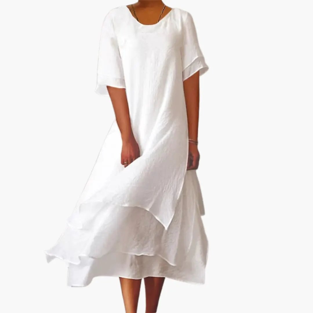 Women's effortless sleeveless midi dress with a chic round neck. Perfect plain fitted casual summer dress for minimalist style.