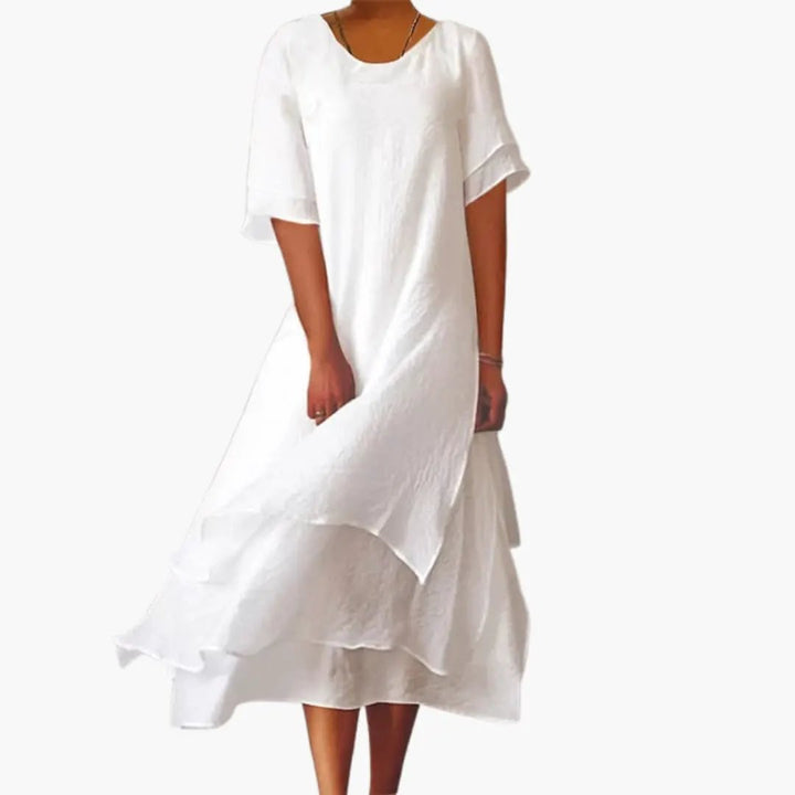 Women's effortless sleeveless midi dress with a chic round neck. Perfect plain fitted casual summer dress for minimalist style.