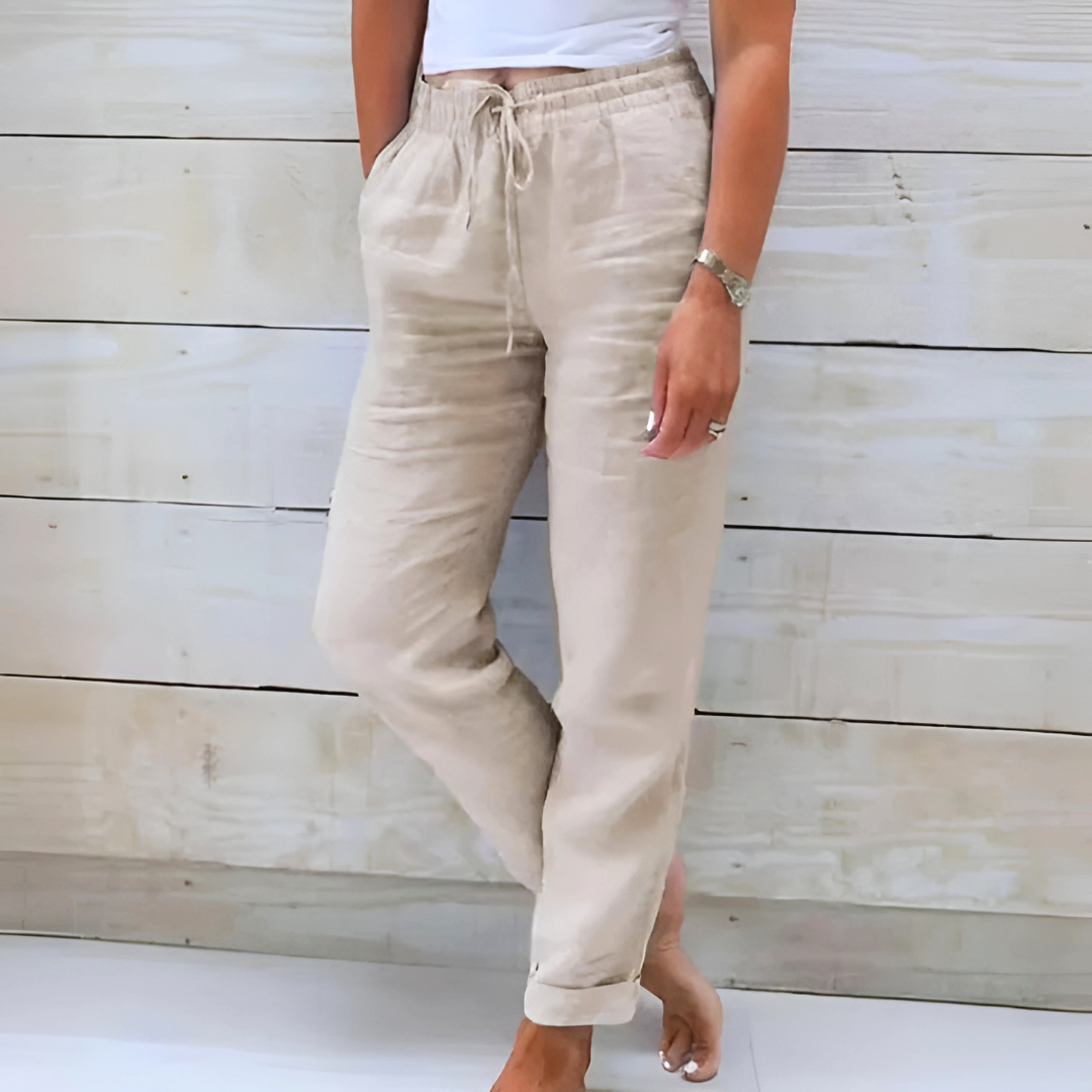 Comfortable women's straight leg drawstring pants, perfect for warm weather, travel, or lounge. Relaxed fit.