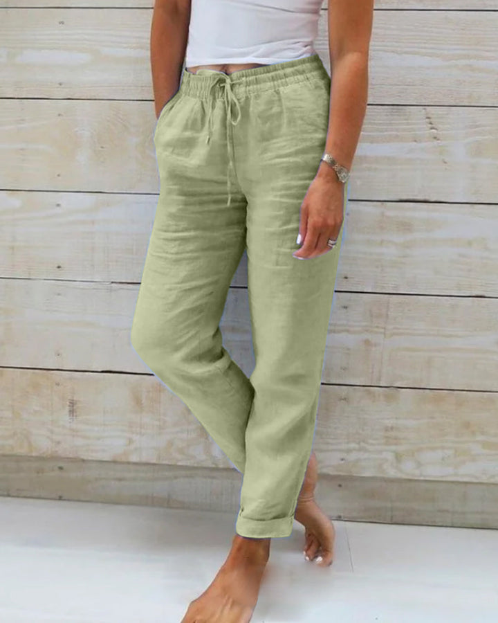 Effortless women's straight leg pants with a drawstring waist. Comfortable, casual, and perfect for warm weather.
