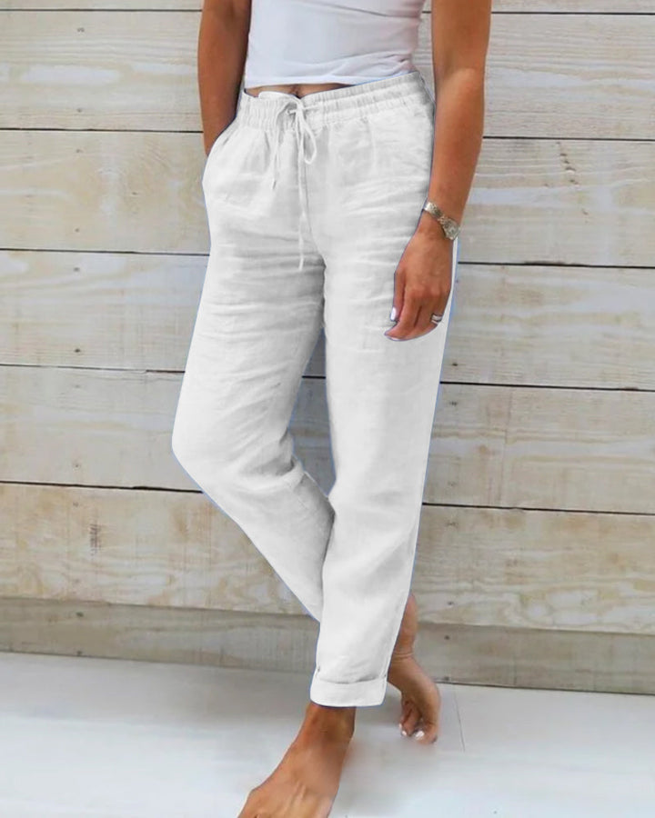 Versatile women's straight leg drawstring pants for lounge, beach, or casual summer adventures. Relaxed & comfy.