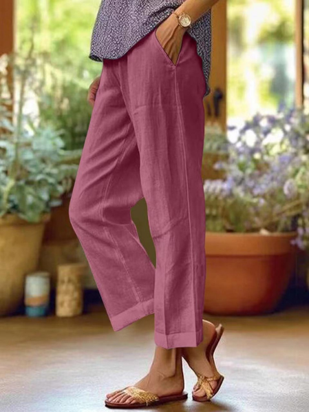 Loose fit women's cropped pants, cuffed for lightweight summer fashion. Comfortable for warm weather & everyday wear.