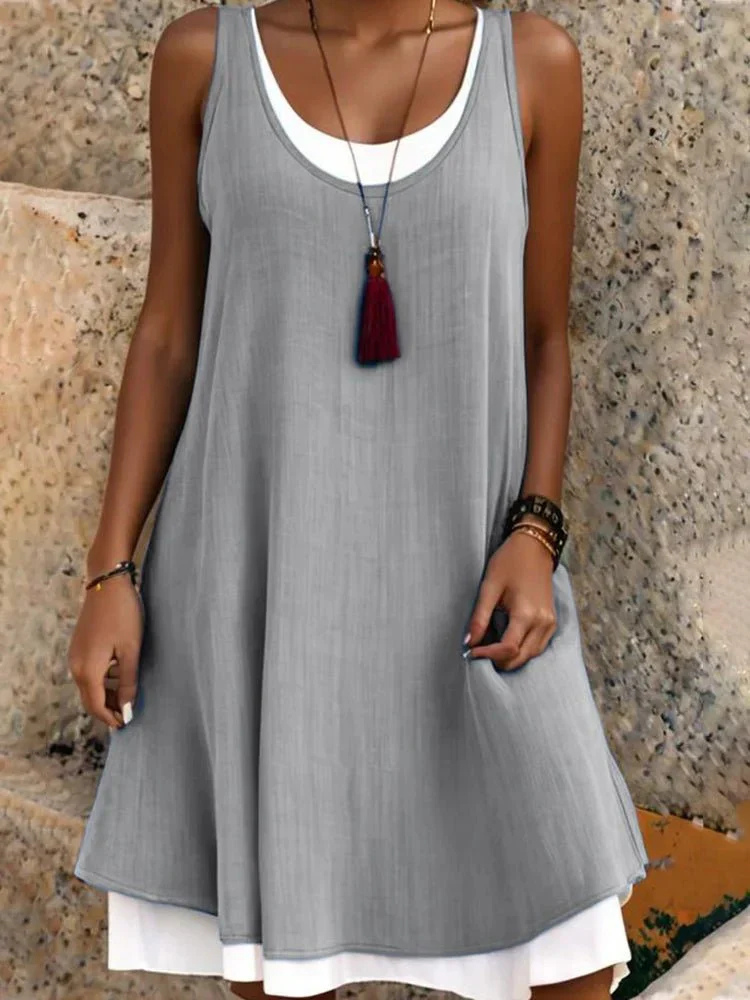Comfortable women's A-line scoop neck summer dress, featuring an effortless two-layer design for a chic casual look.