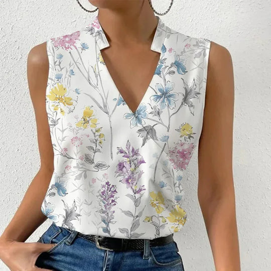 Relaxed fit women's sleeveless V-neck blouse, elegant and comfortable, ideal for casual summer fashion.