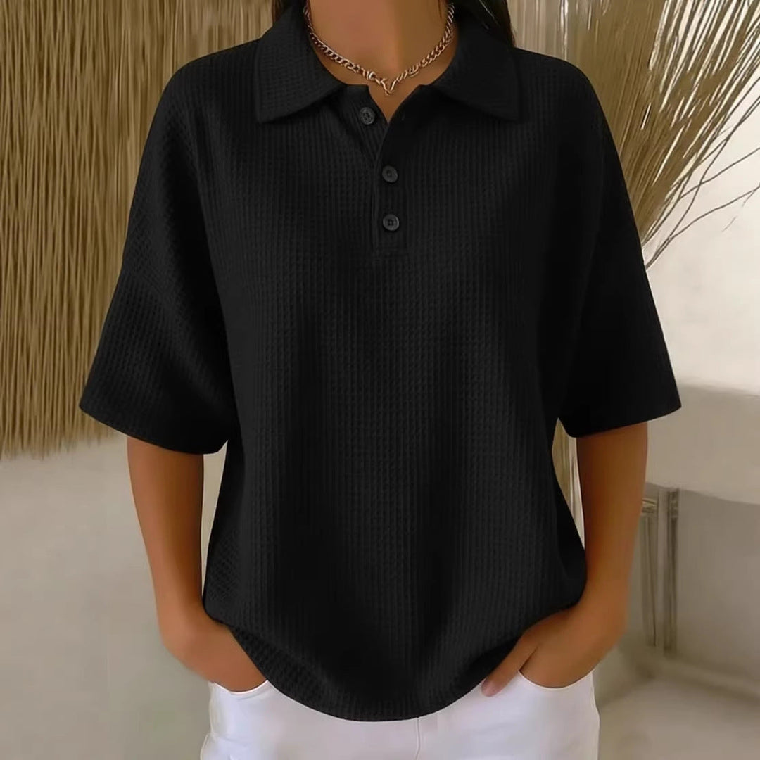 Soft waffle knit women's short sleeve polo top, loose and comfortable, ideal for spring/summer casual.