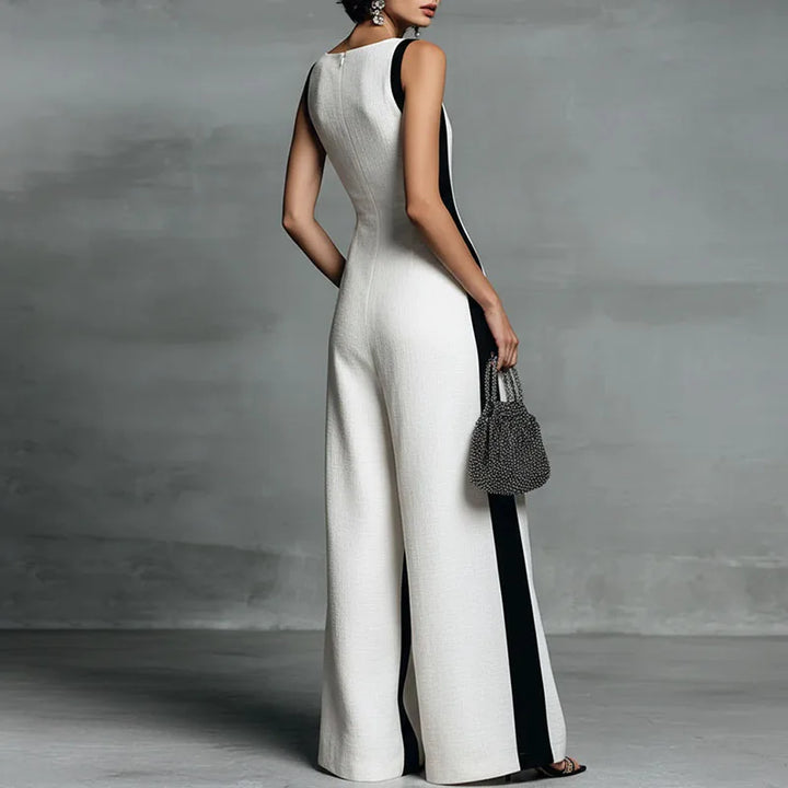 Comfortable women's wide leg jumpsuit, sleeveless V-neck design, ideal for casual summer fashion or chic events.