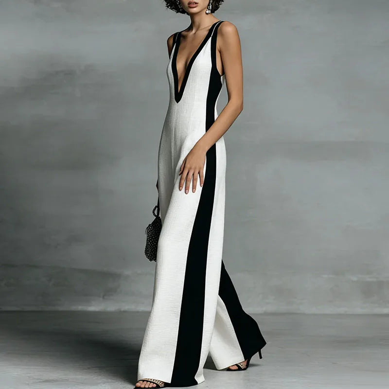 Elegant women's sleeveless wide leg jumpsuit. Versatile V-neck design for effortless chic summer casual wear.