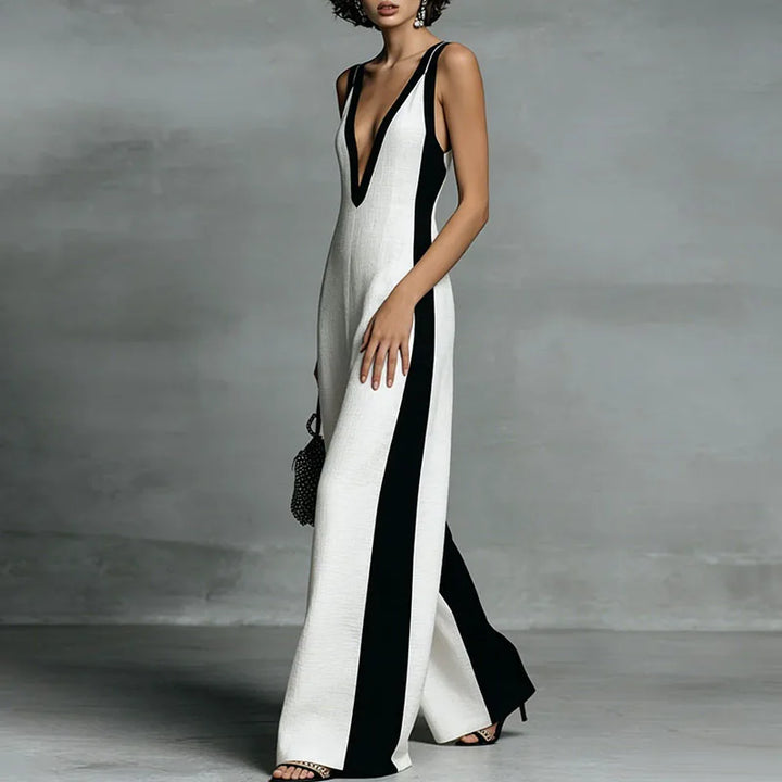 Elegant women's sleeveless wide leg jumpsuit. Versatile V-neck design for effortless chic summer casual wear.