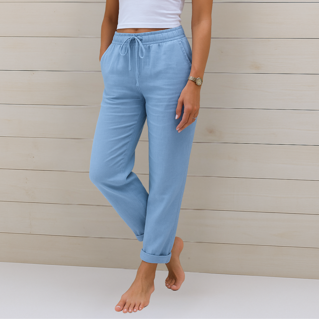 Women's elastic waist straight leg pants for casual comfort and everyday wear.