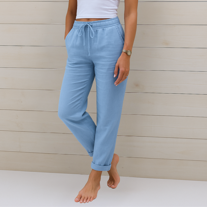 Women's elastic waist straight leg pants for casual comfort and everyday wear.