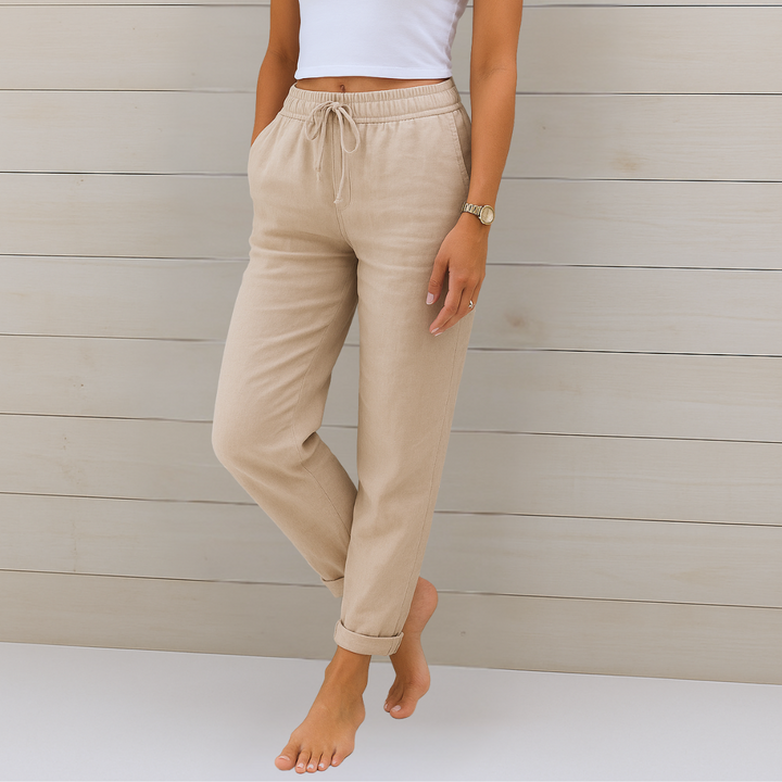 Comfortable women's elastic waist straight leg ankle length pants, versatile for everyday fashion.