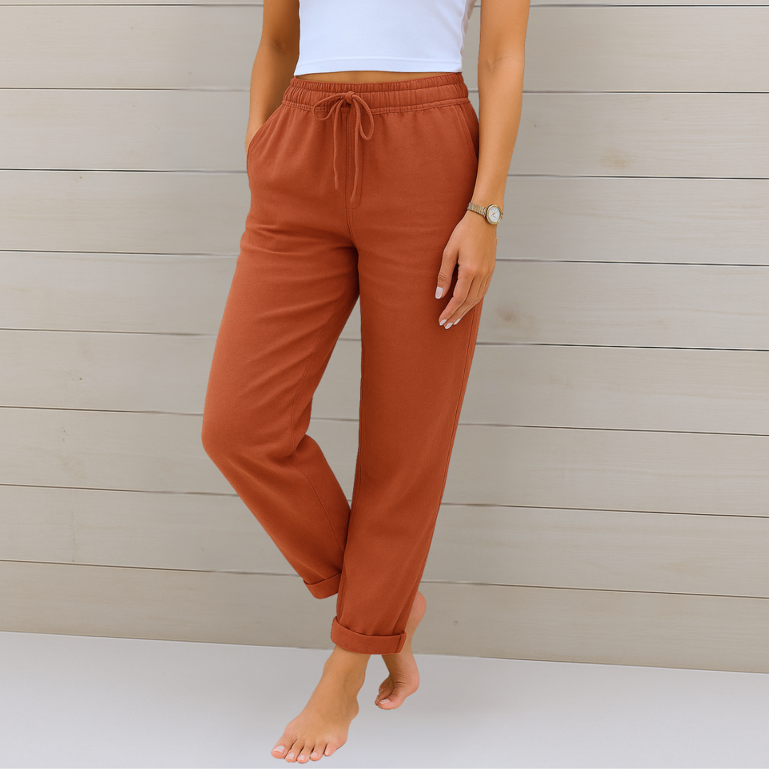 Women's ankle length straight leg drawstring pants, featuring an elastic waist for ultimate comfort & style.